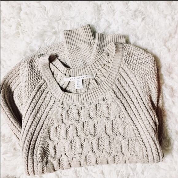 MAX STUDIO Tan Cream Beige Chunky Cable Knit Crew Curve Hem Pullover Sweater S - Picture 6 of 8